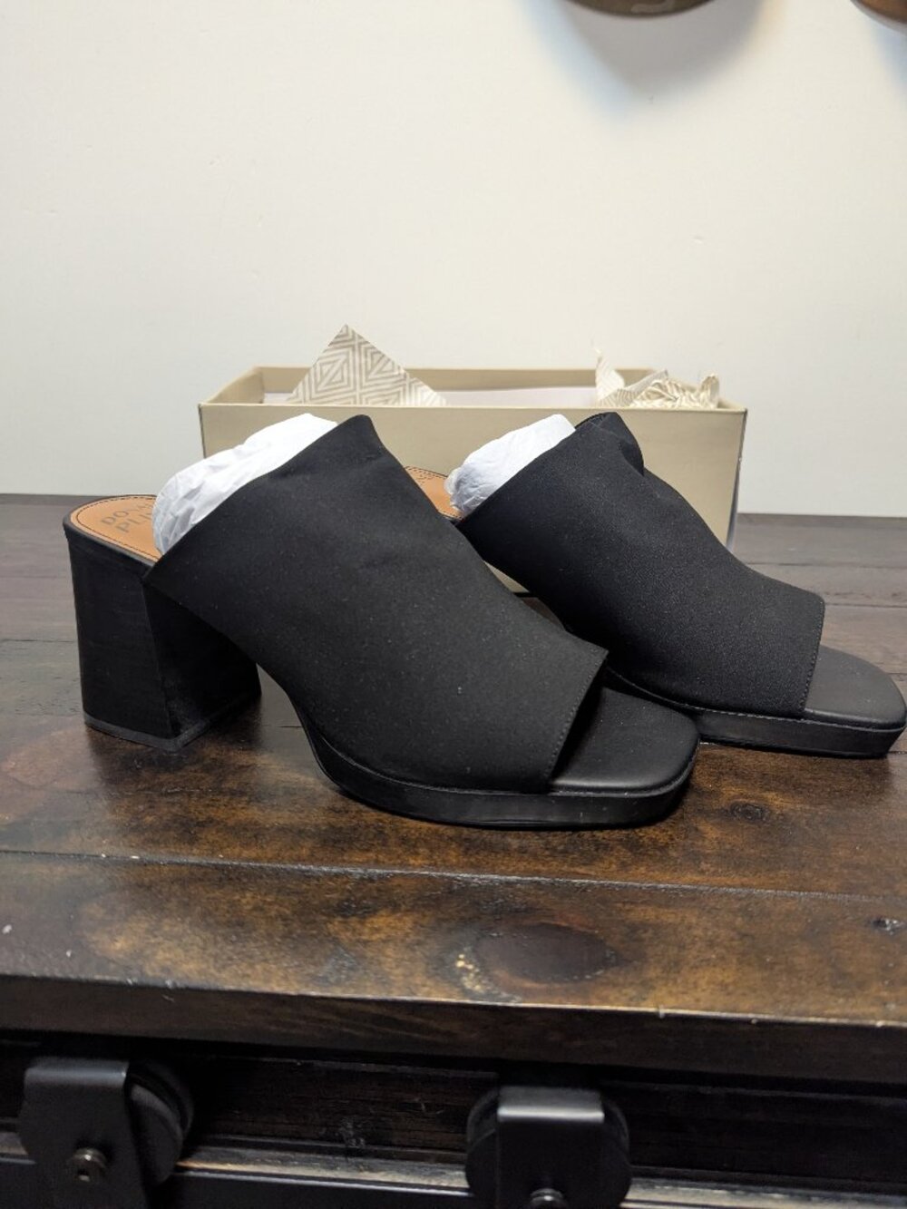 Donald J. Pliner Derryd Black Open Toe Mules (Crepe Elastic)